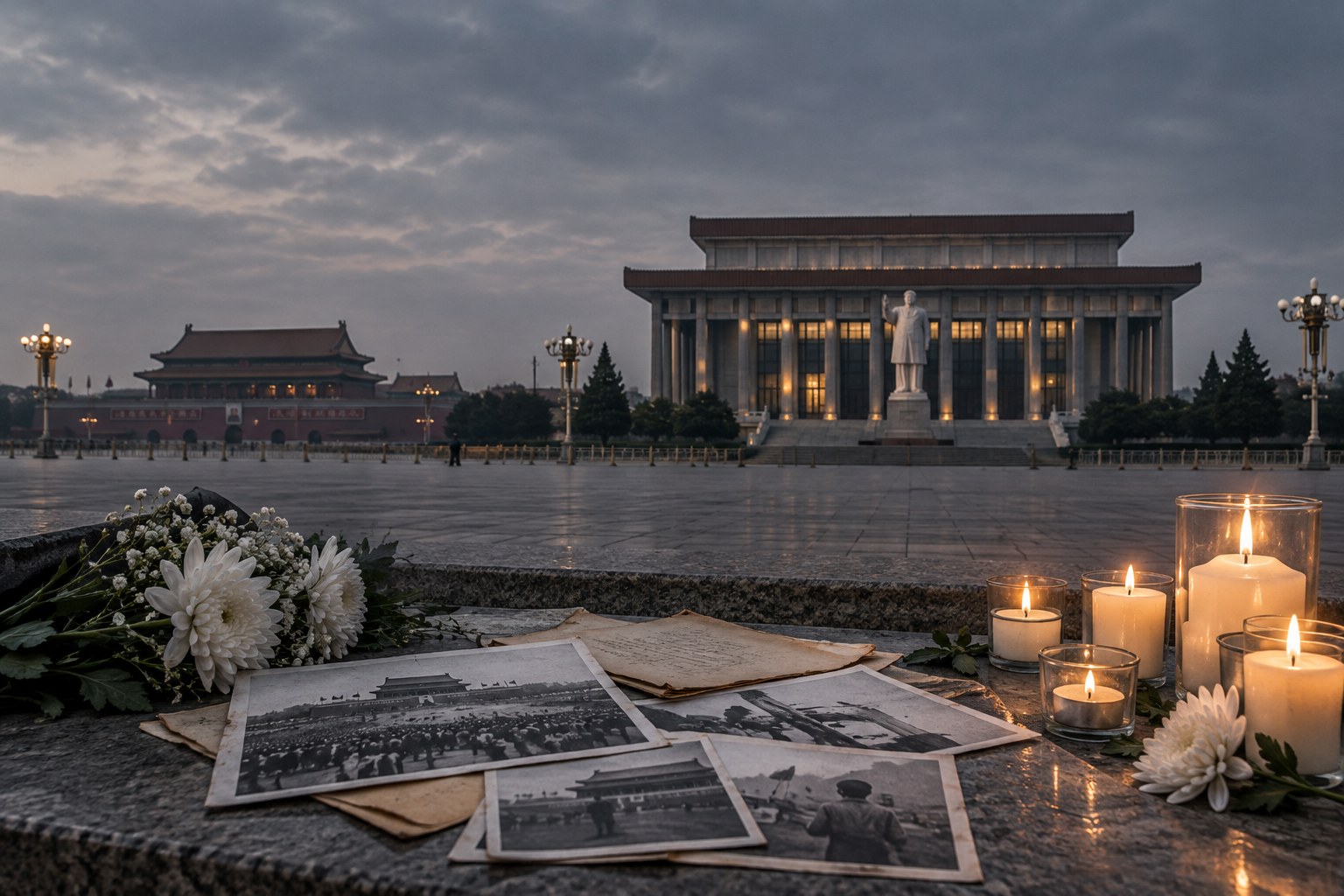 Historical accountability illustration with Tiananmen Square, memorial imagery and archival records
